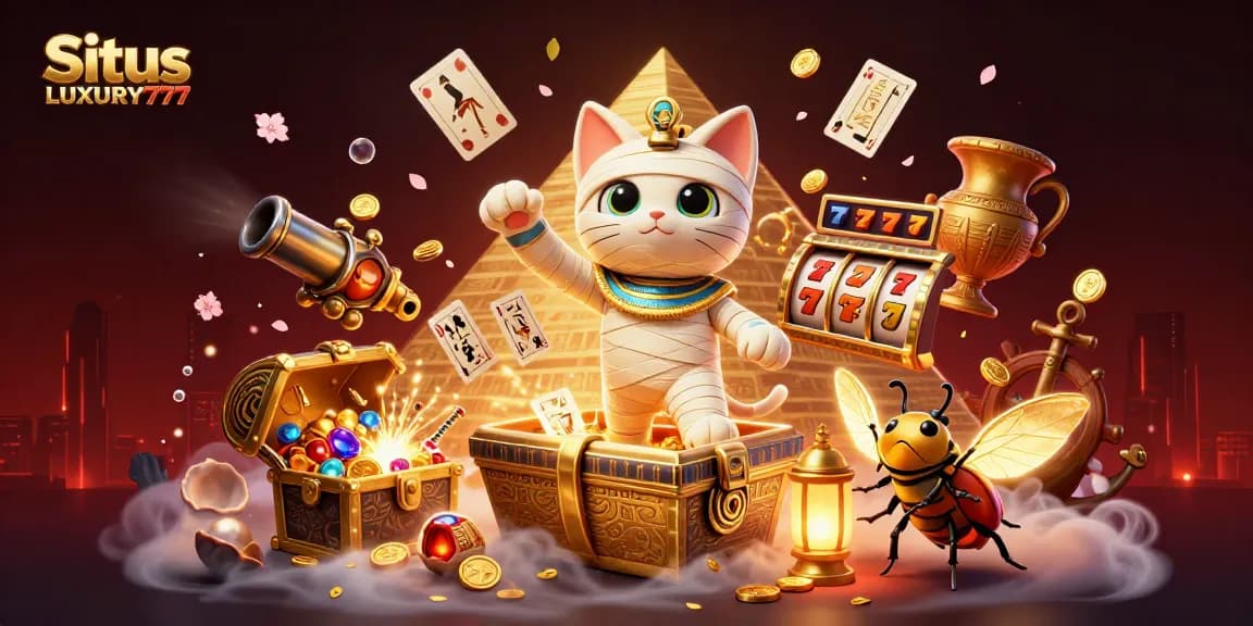 Situs LUXURY777 merayakan kesenangan kasino dengan mumi kartun dan elemen slot yang berkedip.