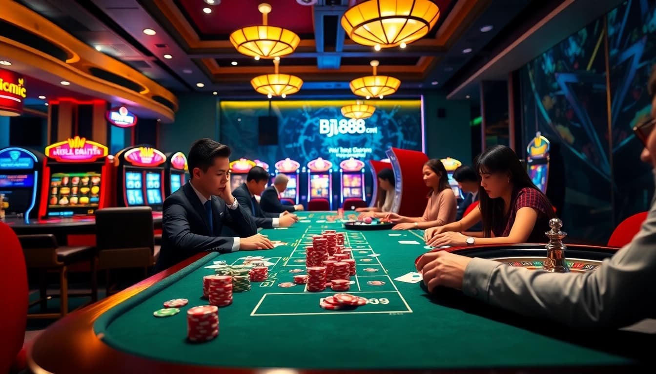Experience the thrill at Nhà Cái BJ888 with vibrant casino tables and exciting gaming action.