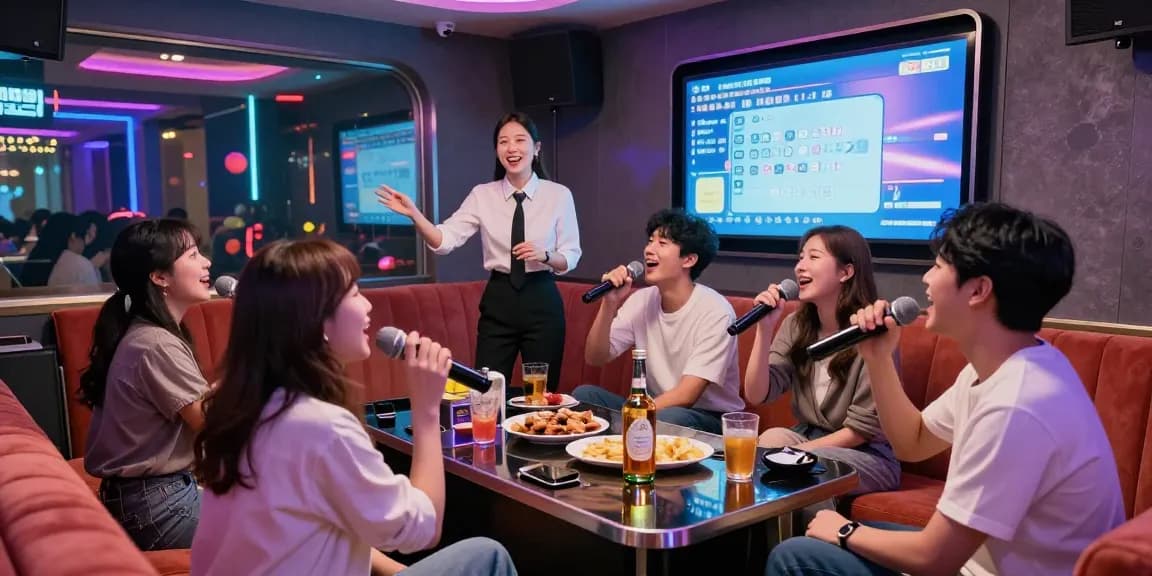 Experience 제주유흥 nightlife at a lively karaoke room in Jeju, featuring friends enjoying drinks and music in a vibrant atmosphere.