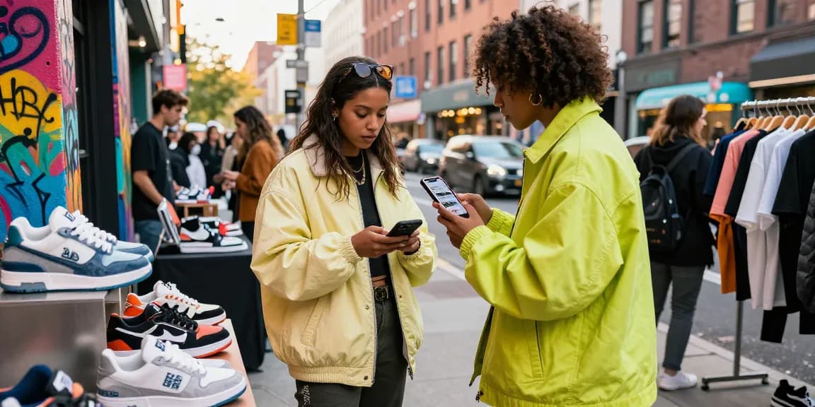 Fashionable individual exploring 레플리카 sneakers at a vibrant pop-up shop in an urban setting, showcasing trendy streetwear.