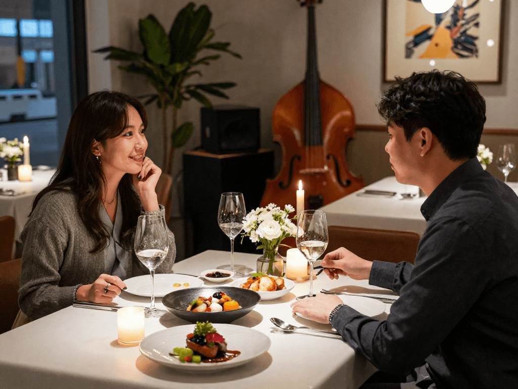 강남 달토에서의 세련된 저녁 식사 풍경, 커플이 정교한 요리를 즐기고 있는 모습
