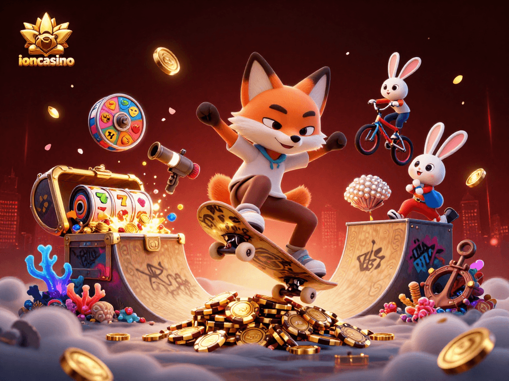 Engage with ioncasino's thrilling gaming adventure featuring vibrant 3D characters, casino symbols, and festive elements.