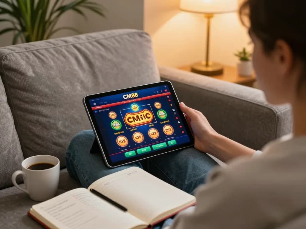 Player engaging with CM88 casino app on tablet in a cozy home setting, showcasing online gambling