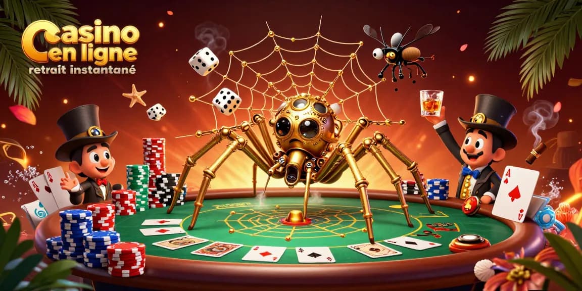 Jouer à un casino en ligne retrait instantané avec une araignée steampunk attrapant des dés chanceux dans une toile argentée.