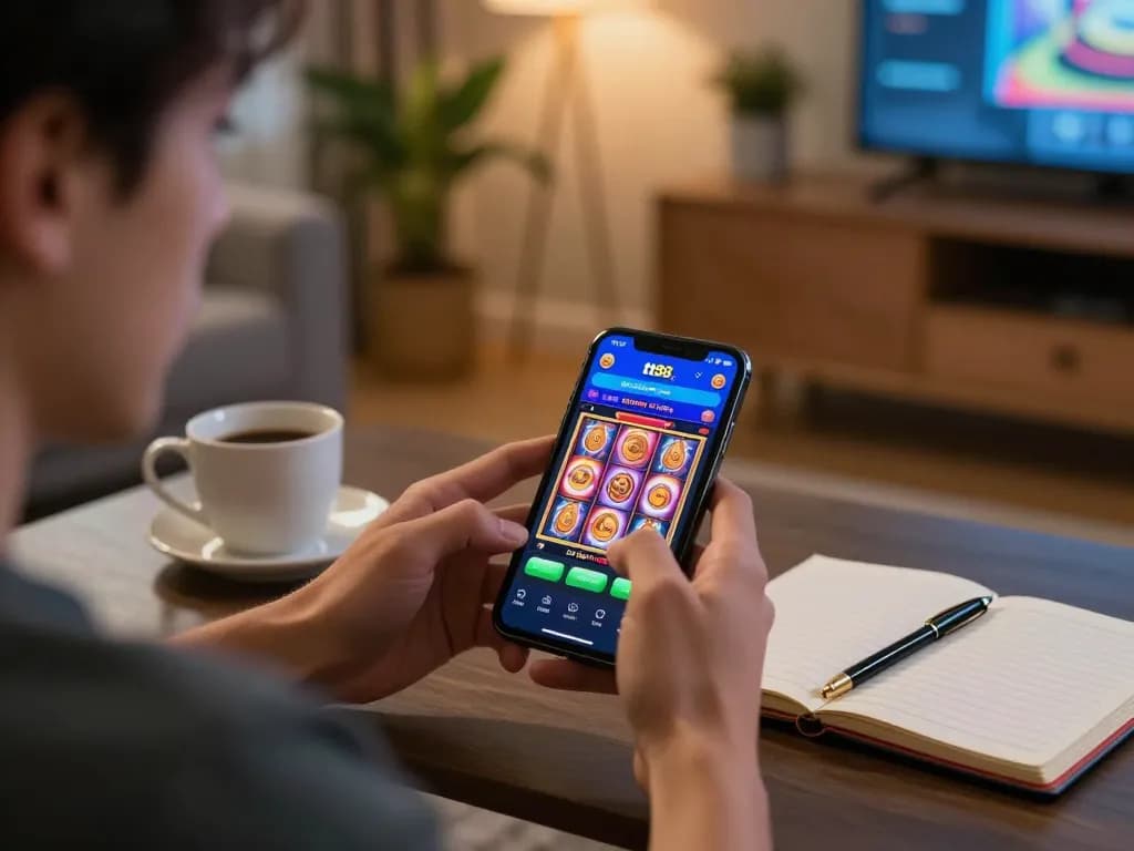 Gamer using tt88 com app, excitedly watching spinning slot reels in a cozy living room setting