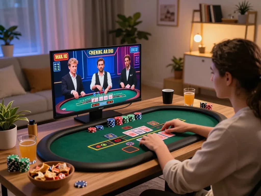 Engaging online gambling scene showcasing cm88-t1 with individual playing live dealer games from home, inviting and comfortable atmosphere.