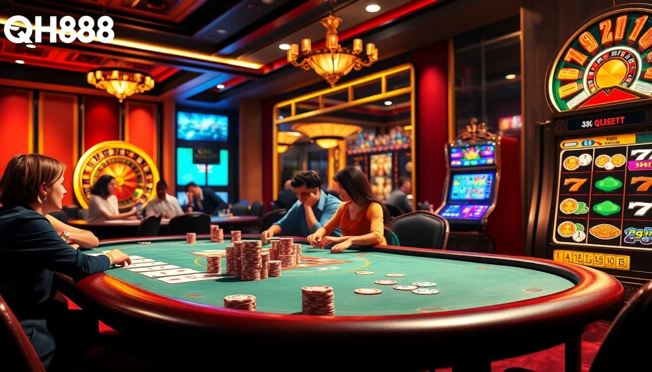 Players engaging in a high-stakes game at QH88 casino poker table with vibrant chips and cards.
