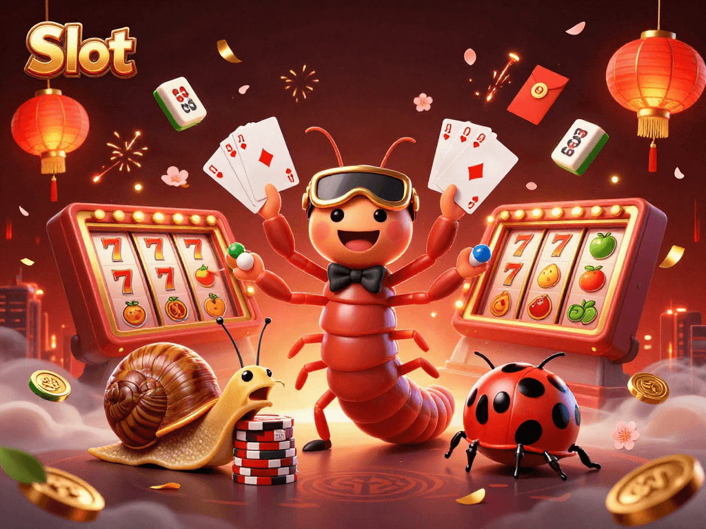 Spinning Slot reels with a millipede dealer and lucky symbols create a vibrant casino scene.
