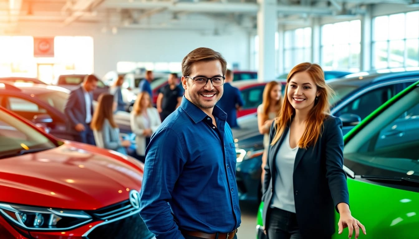 Buy a car with trusted dealers in a vibrant dealership scene showcasing diverse buyers.
