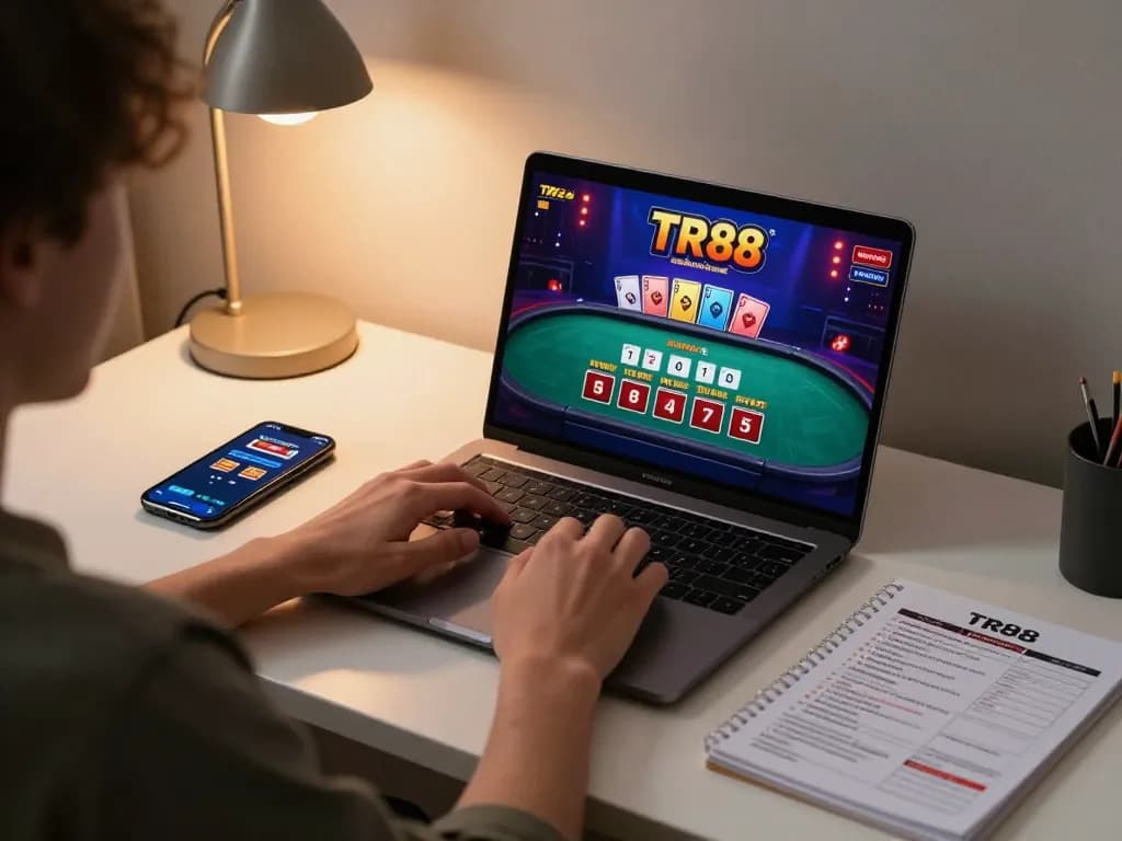 Player engaged in TR88 online casino gaming on a laptop, showcasing a vibrant blackjack table interface.