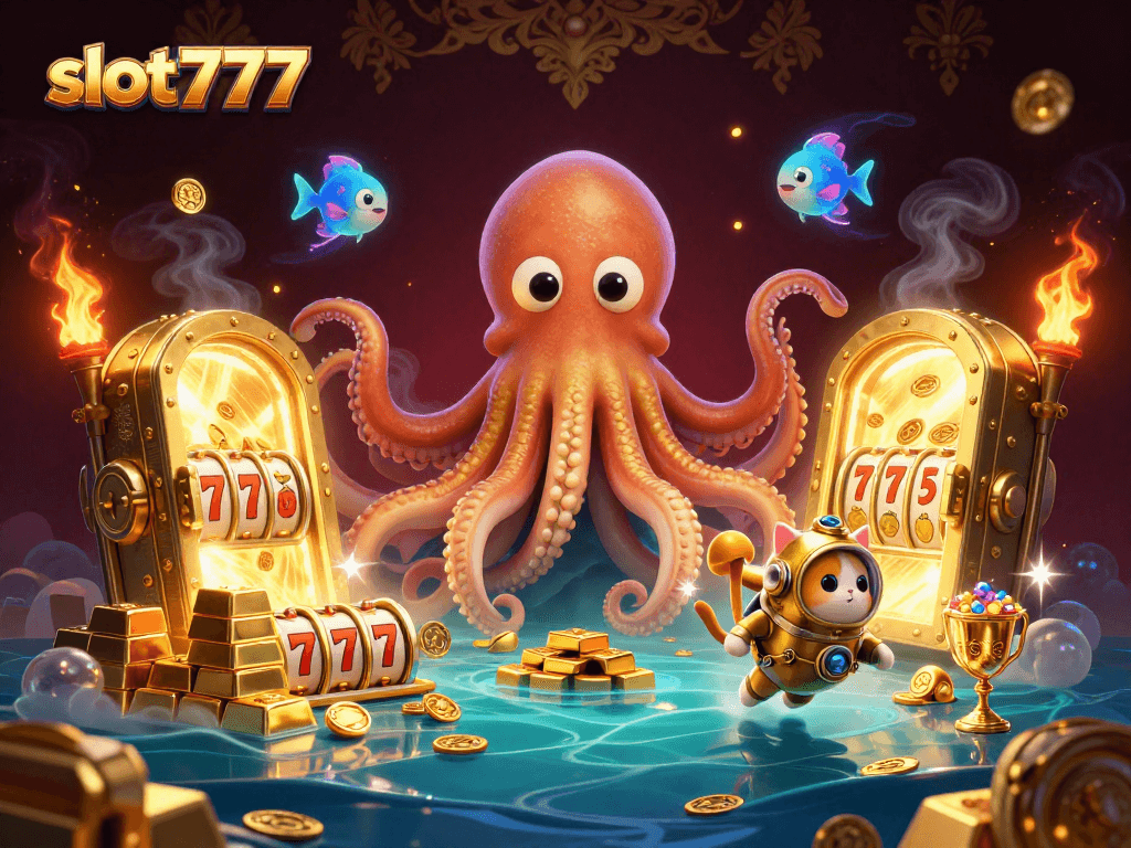 Spin the slot777 reels in this vibrant 3D illustration featuring a kraken and treasures.