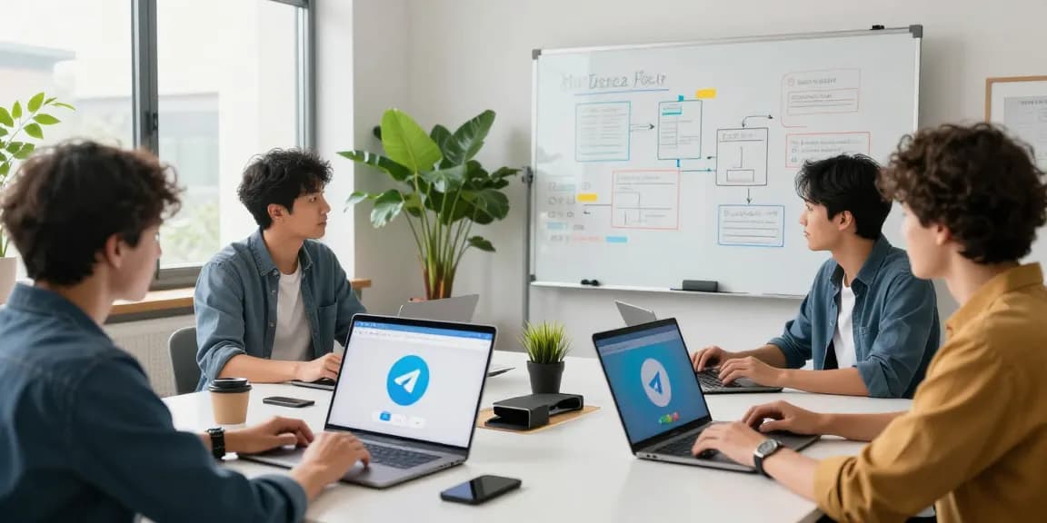 Explore the innovative features of telegram官网 in a modern workspace with team interaction.