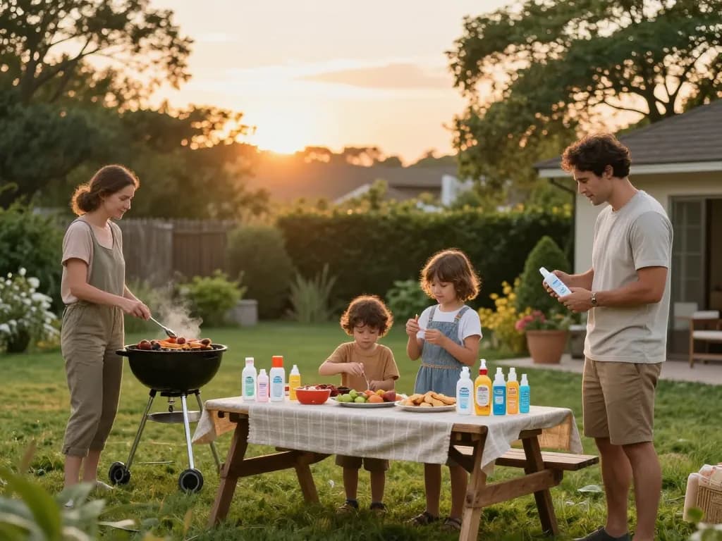 Family enjoying barbecue outdoors while using effective mosquito repellent.