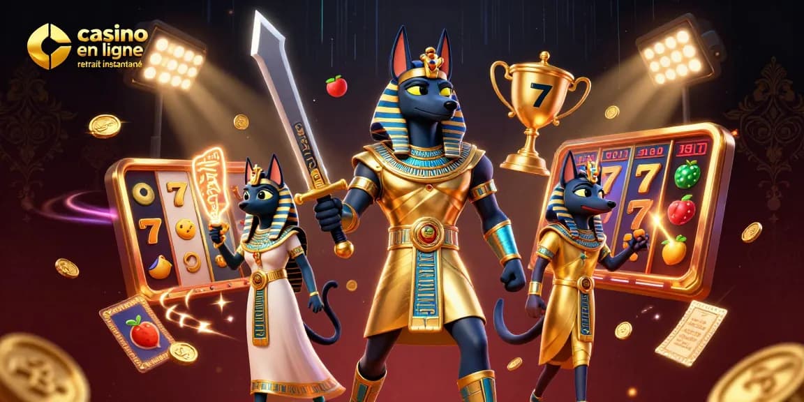 Gagnez avec le casino en ligne retrait instantané, illustré par des personnages dynamiques et des éléments de jeu.