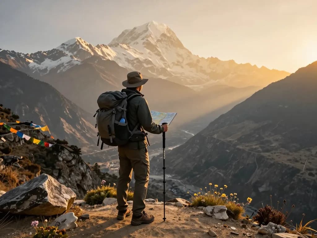 Trekking the Annapurna Circuit at sunset, traveler gazing over scenic mountains and valleys with trek to annapurna circuit experience.