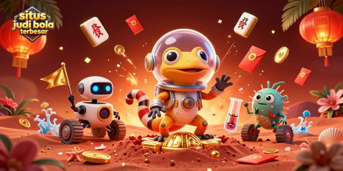 Delight in the vibrant scene with the situs judi bola terbesar showcased, featuring a Martian gecko exploring a golden casino.