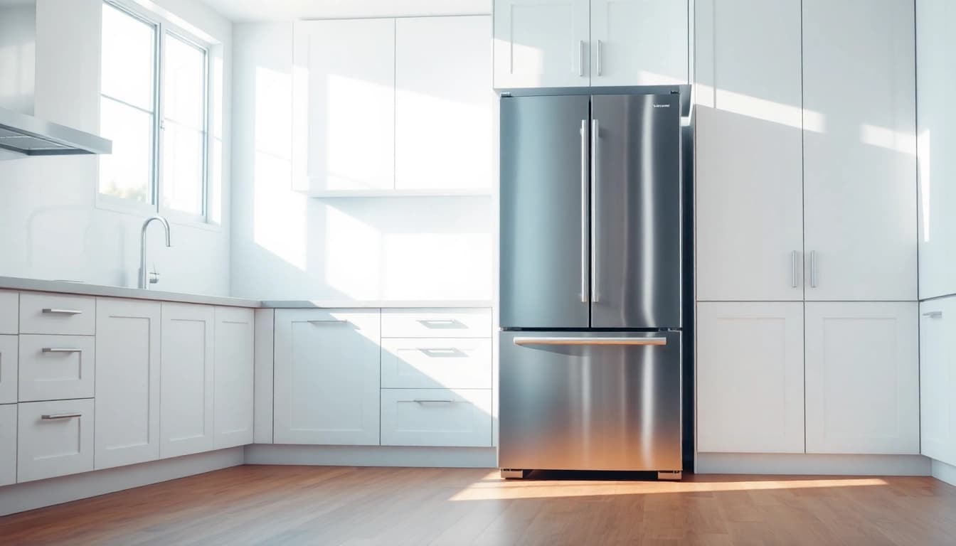 Modern stainless steel freezer showcased in a bright kitchen setting with warm undertones.