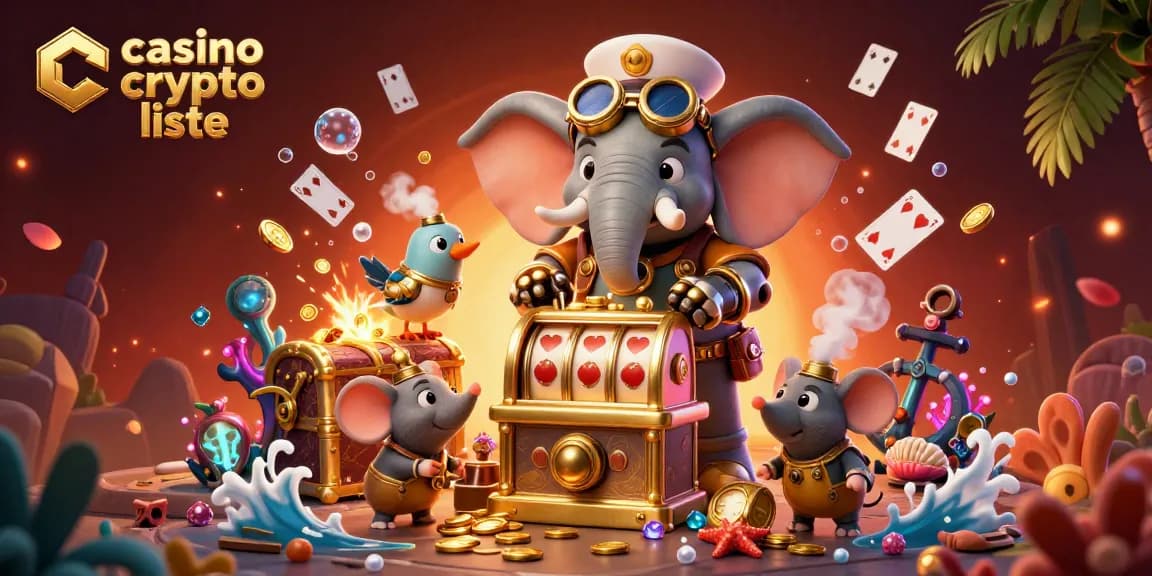 Illustration 3D d'un ingénieur éléphant steampunk jouant avec une machine à sous, pour le casino crypto liste.