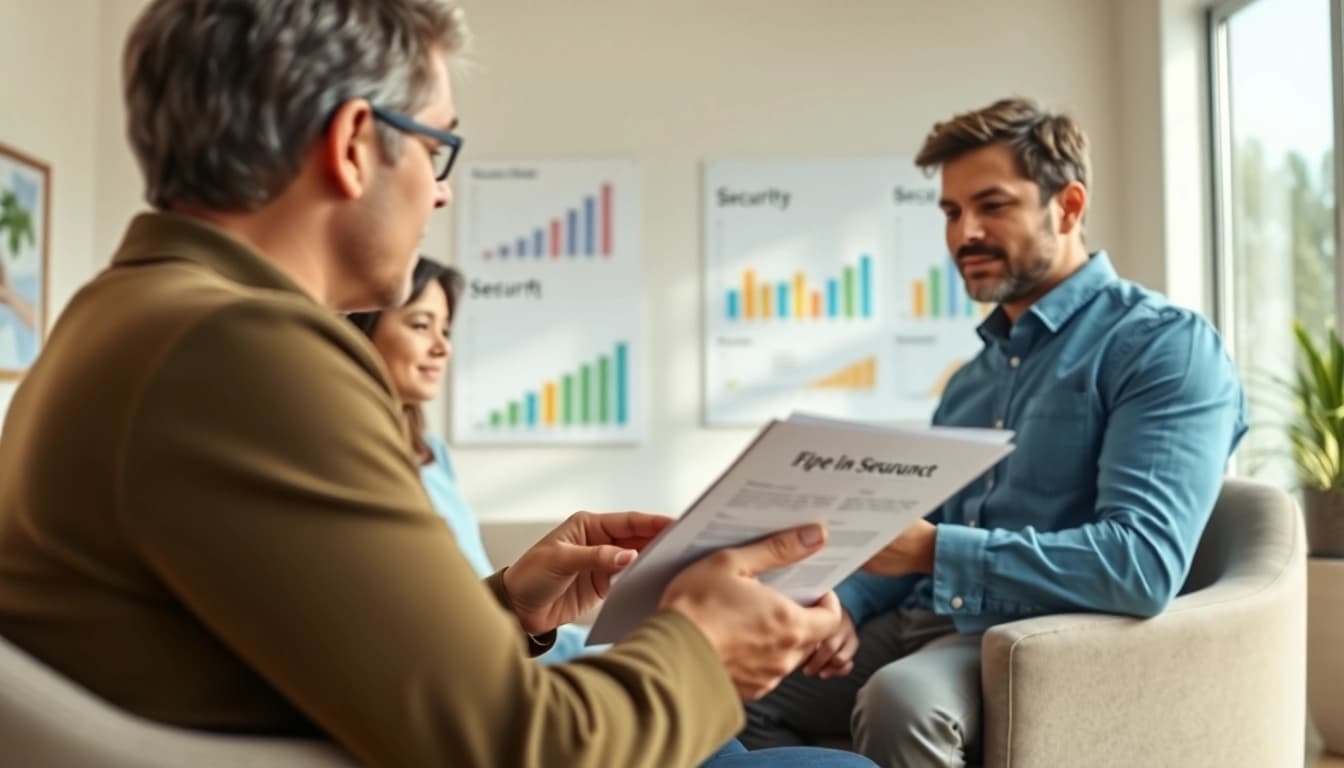 Engaging life insurance advisor explaining essential options to a young family in a welcoming office.