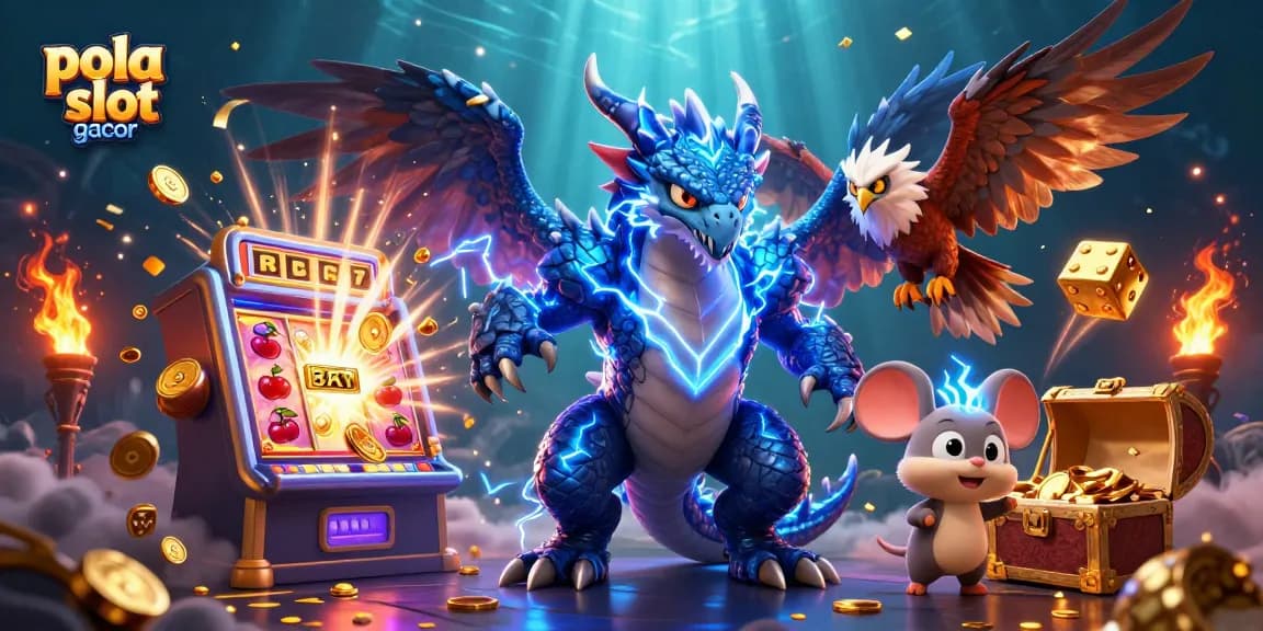 Pola slot gacor highlights winning moments with dynamic 3D characters and vibrant casino elements.