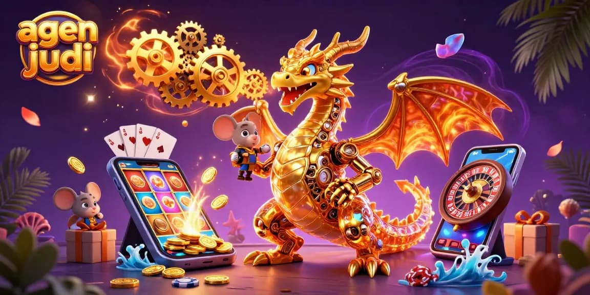Engage with agen judi bola featuring a golden dragon and slot games in a vibrant scene.
