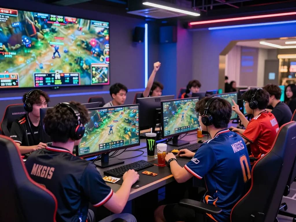 Exciting gamers engaging in nổ hũ hubet88 online betting in a vibrant esports lounge.