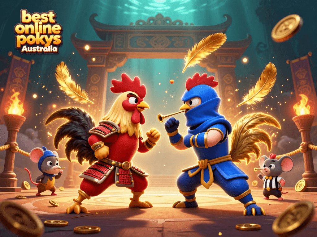 Experience the excitement of the best online pokies Australia with dynamic 3D battling roosters in a thrilling casino scene.