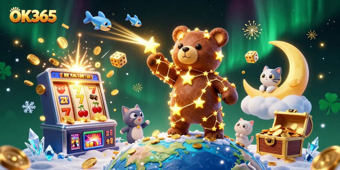 Engage with OK365's vibrant casino universe featuring an explosion of slot machine riches and colorful gaming elements.