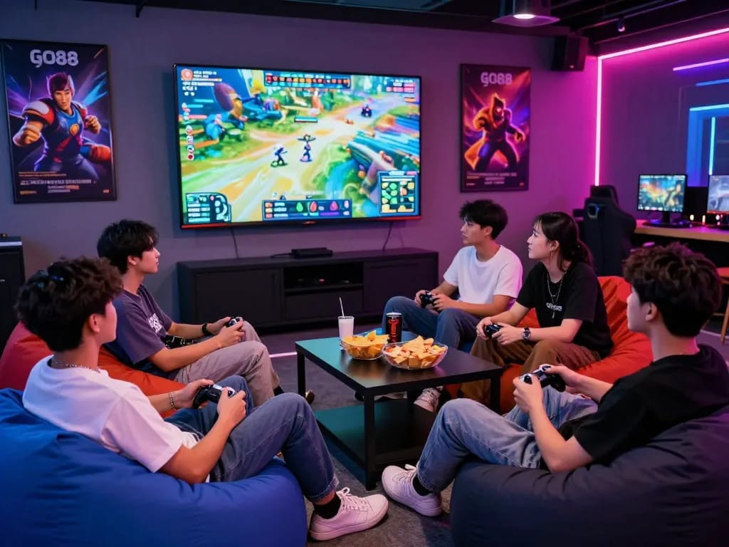 Players enjoying go88 gaming experience in vibrant lounge setting with colorful LED lights.