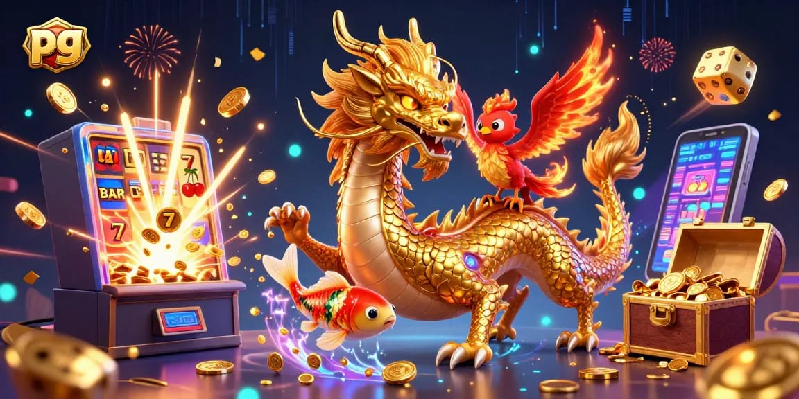 Engage in the excitement of pg-style gambling with a dragon and phoenix amidst dynamic casino elements.