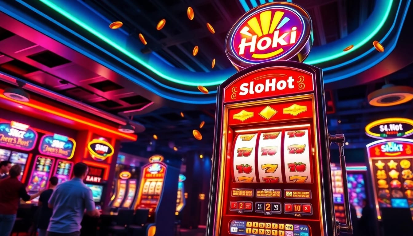 Experience the thrill of Slot Hoki with vibrant digital slot machine action and player celebrations.
