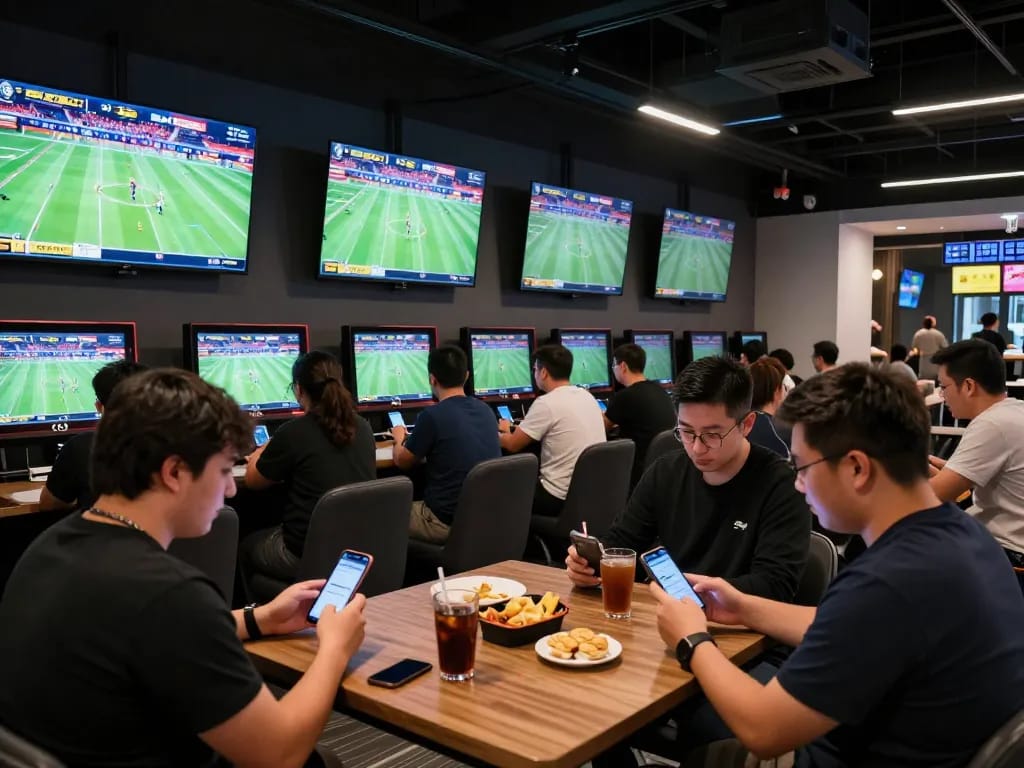 Bettors excitedly engaging with zx88 com betting app in a vibrant sports lounge atmosphere