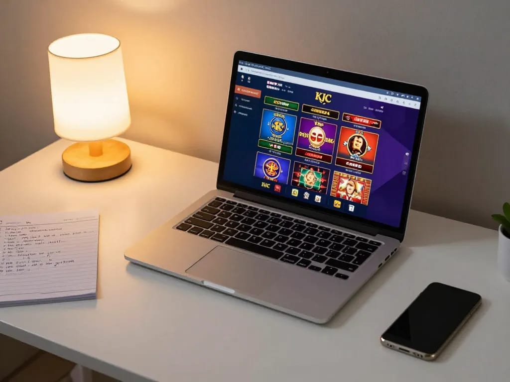 KJC online gaming setup showcasing modern casino app interface with strategic notes for responsible gambling.