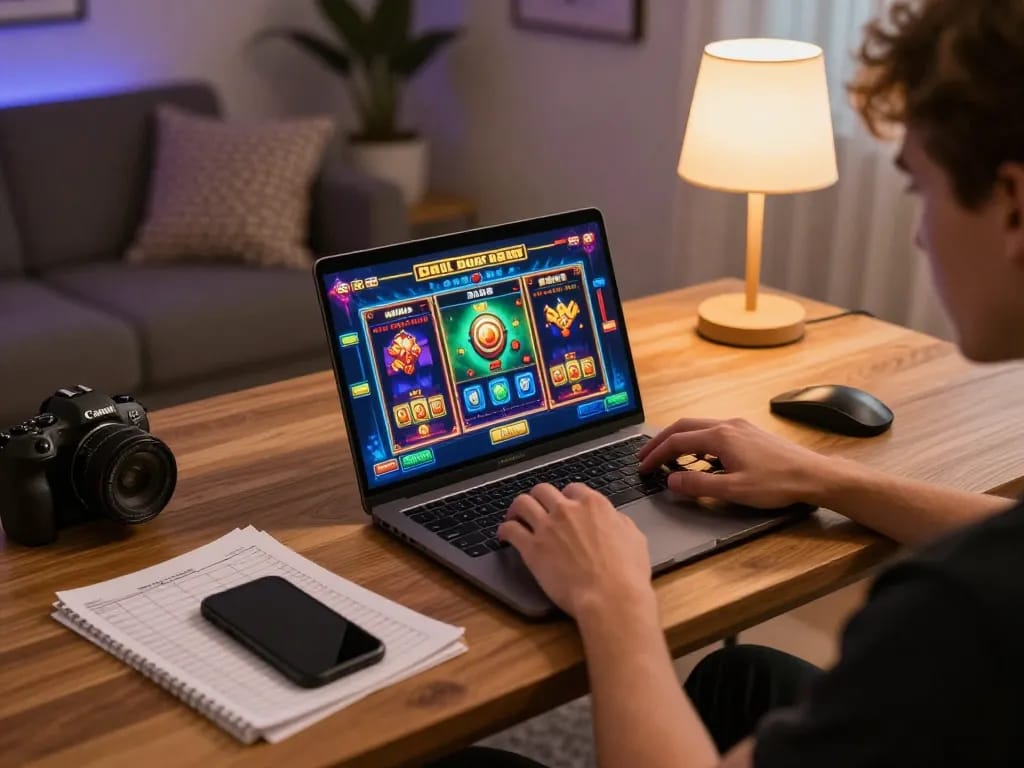 Engaging in slot games on cm88-yu laptop with colorful interface surrounded by gaming notes.