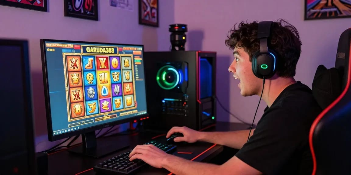 Exciting gaming moment featuring garuda303 slot on a vibrant monitor, player immersed in thrilling online slot experience