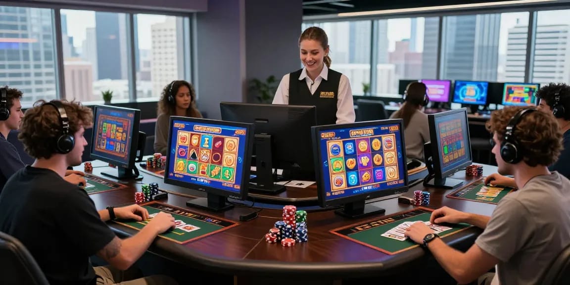 Players enjoying the garuda303 slot games in a modern gaming lounge filled with vibrant graphics and interactive elements.