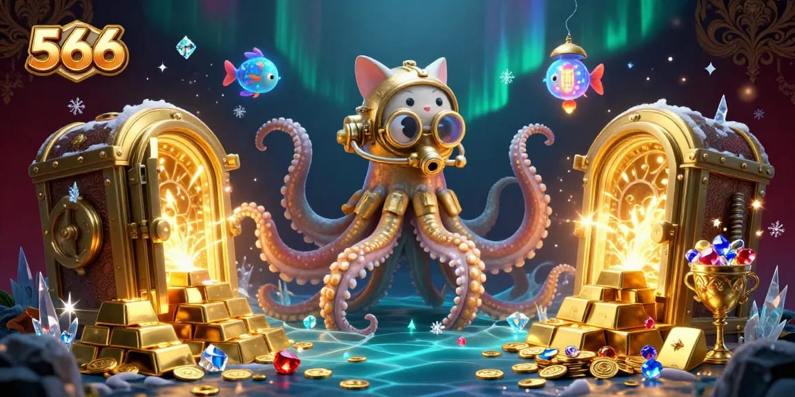 Engage with 566's thrilling atmosphere featuring a kraken and diving cat in this dynamic gambling scene.
