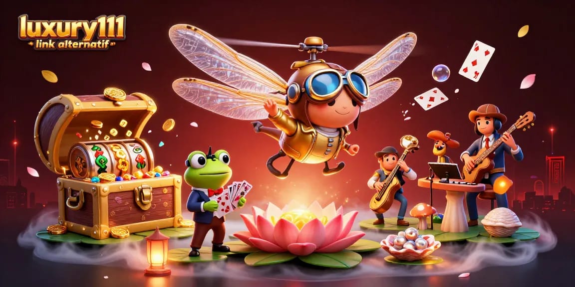Engage with luxury111 link alternatif through a vibrant casino scene with dynamic dragonfly pilot and frog croupier.
