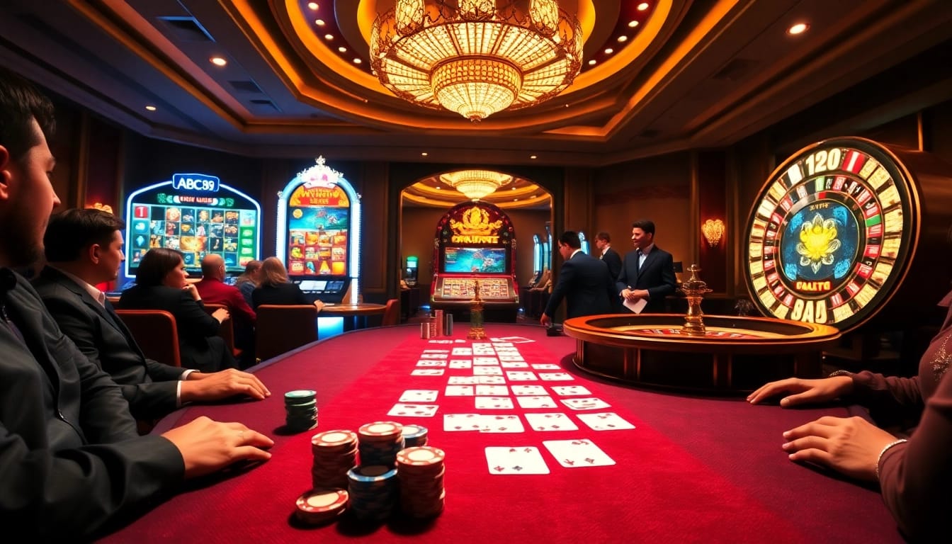 Experience the thrill at ABC8 com with vibrant casino scenes showcasing poker tables and roulette wheels.