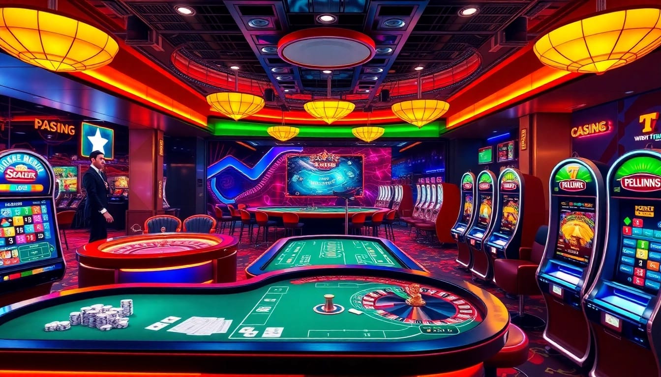 Scène palpitante de casino en ligne France fiable, présentant des activités de jeu en ligne vibrantes avec des tables de poker et des machines à sous.