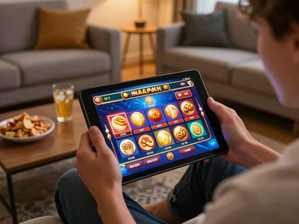 Excited player enjoying a thrilling nagapoker slot experience on a tablet at home.