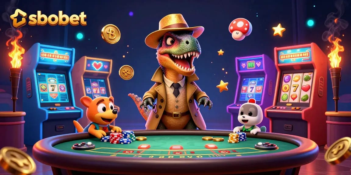 Counter bets and gathers chips in sbobet casino scene with playful dinosaurs and arcade machines.