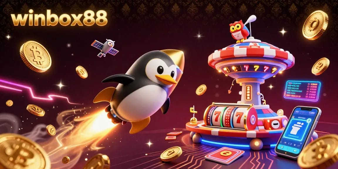 Winbox88 offers exciting gameplay featuring a golden penguin with coins leading to a vibrant casino-themed space.