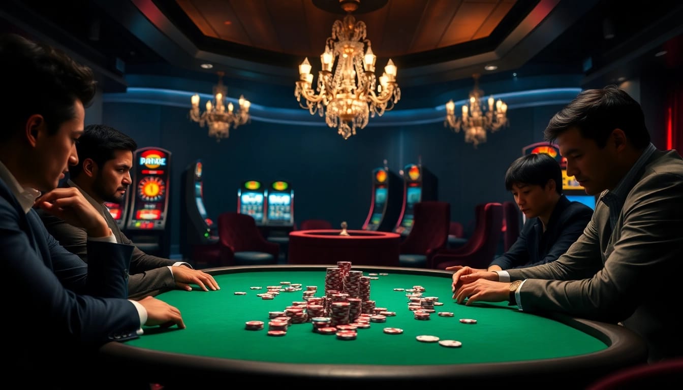 Des joueurs occasionnels profitant d'un jeu stratégique à une table de poker d'un casino en ligne France fiable, entourés de tickets de pari et de jetons vibrants.