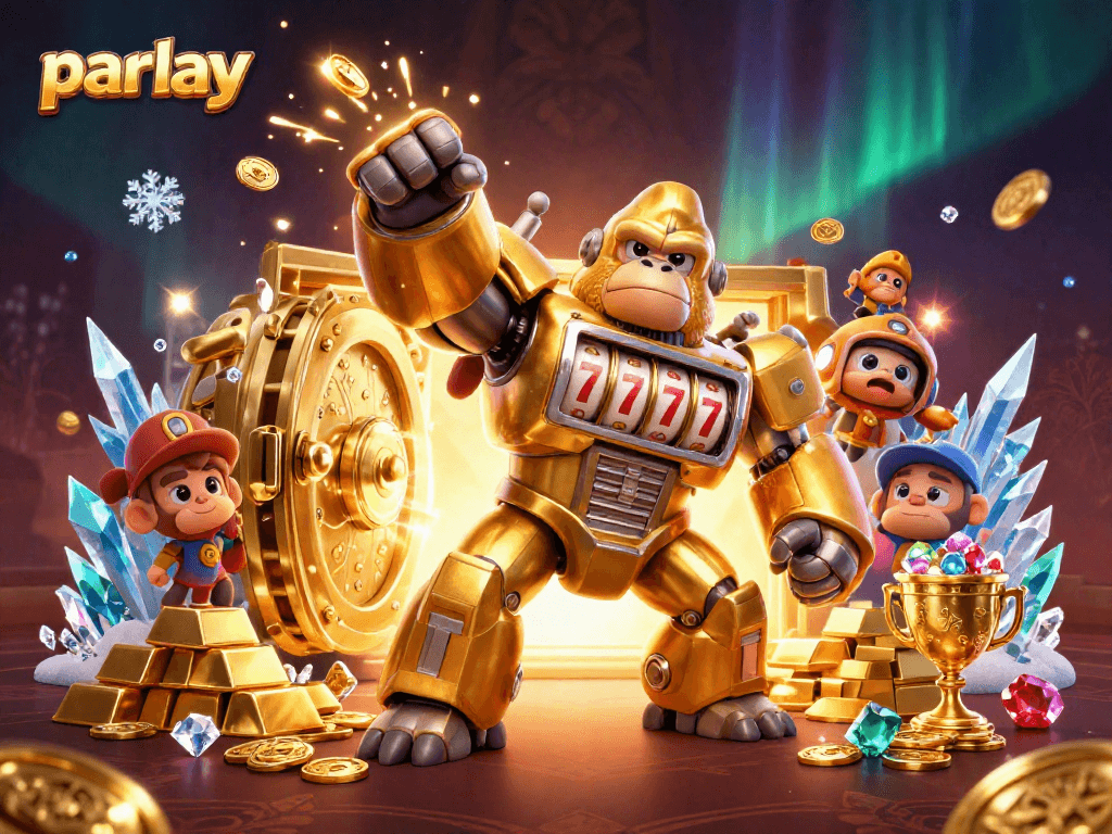 Experience thrilling parlay betting with a golden gorilla mech amidst sparkling treasures.