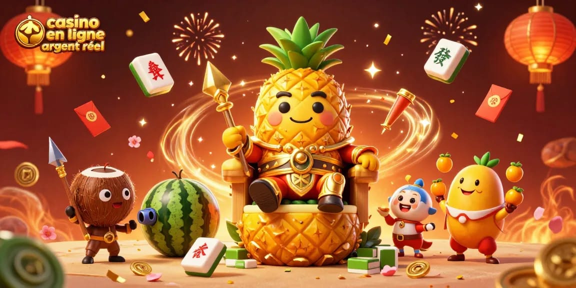Jouer à des jeux au casino en ligne argent réel avec le roi ananas et des personnages festifs.