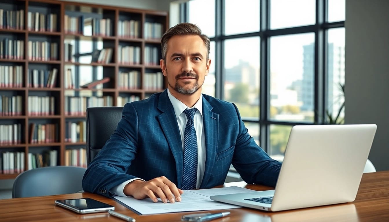 Clearwater truck accident attorney confidently working in a modern office, showcasing professionalism.