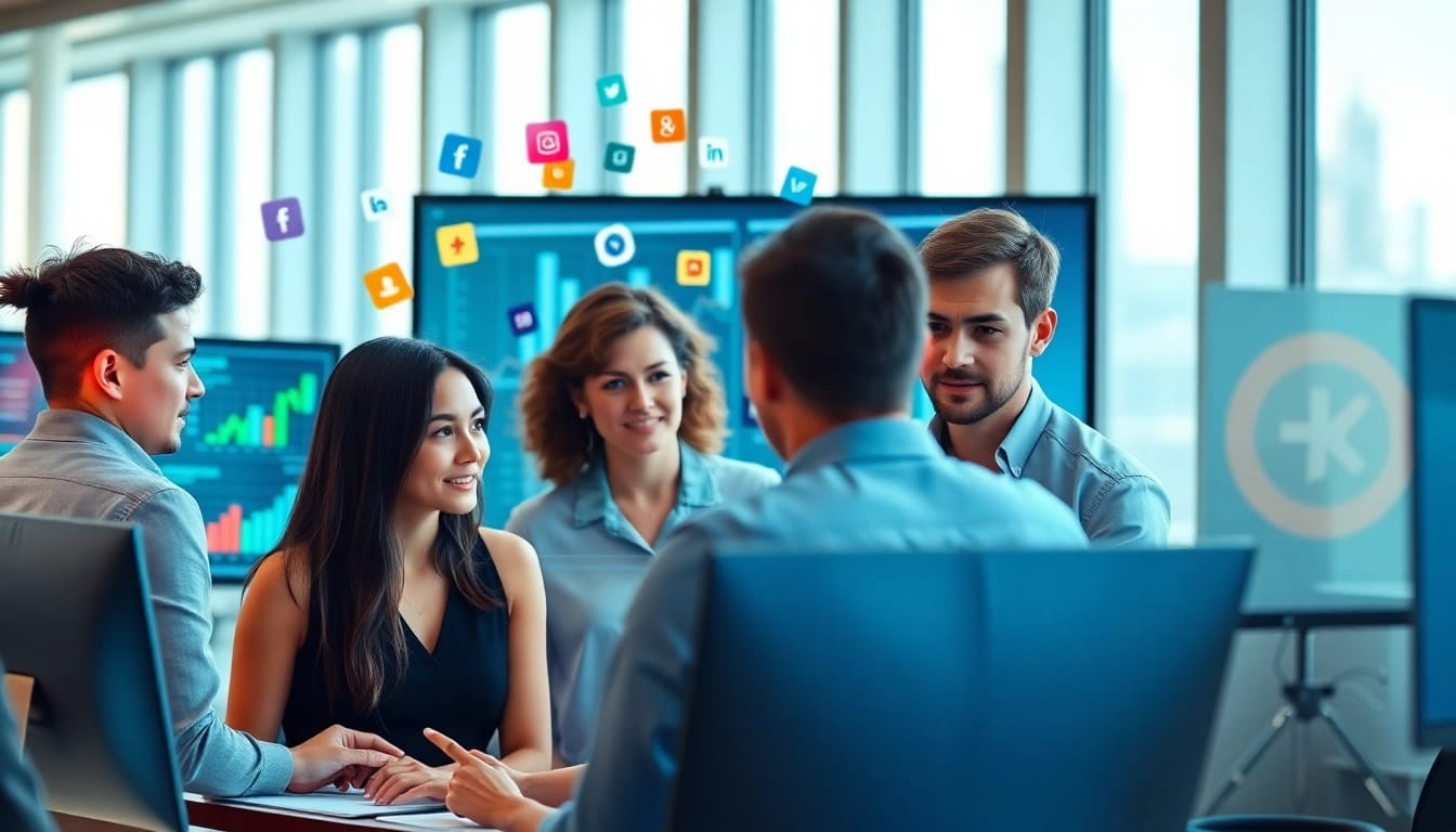 Engaged team utilizing smm services in a collaborative modern office environment.