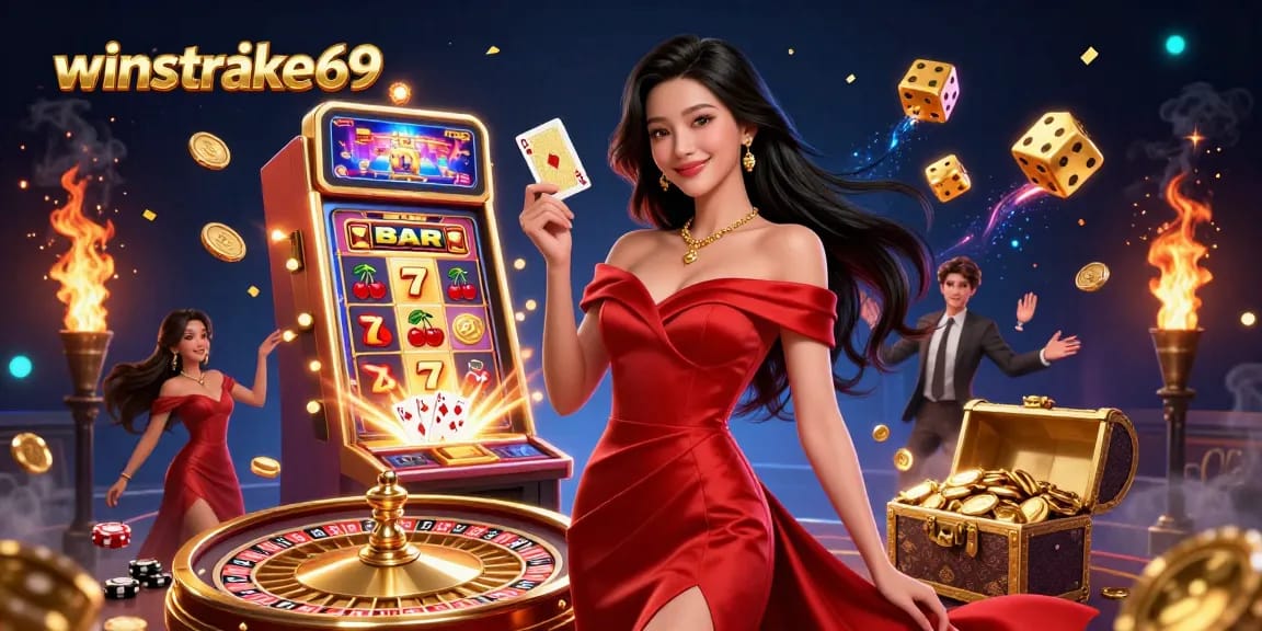 Join winstrike69 for thrilling casino experiences, featuring a confident Asian woman with playing cards and roulette, surrounded by dazzling casino elements.
