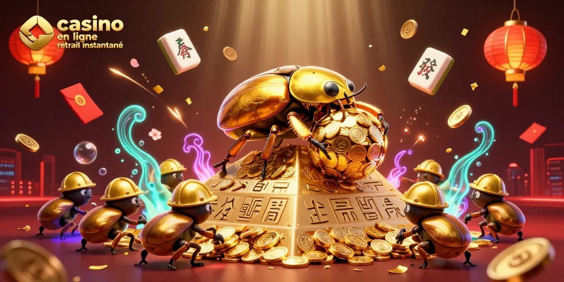 Profitez d'une scène dynamique de casino en ligne retrait instantané avec des scarabées dorés et des éléments festifs.